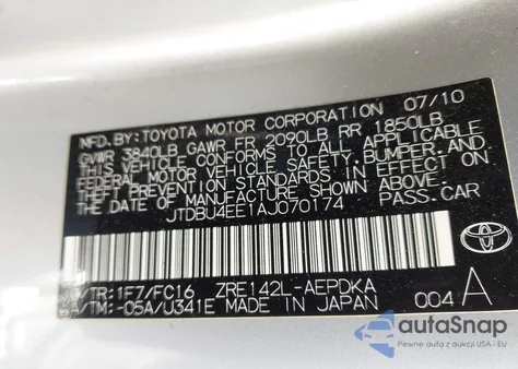 2010 Toyota Corolla Le из США, поврежденный, VIN JTDBU4EE1AJ070174